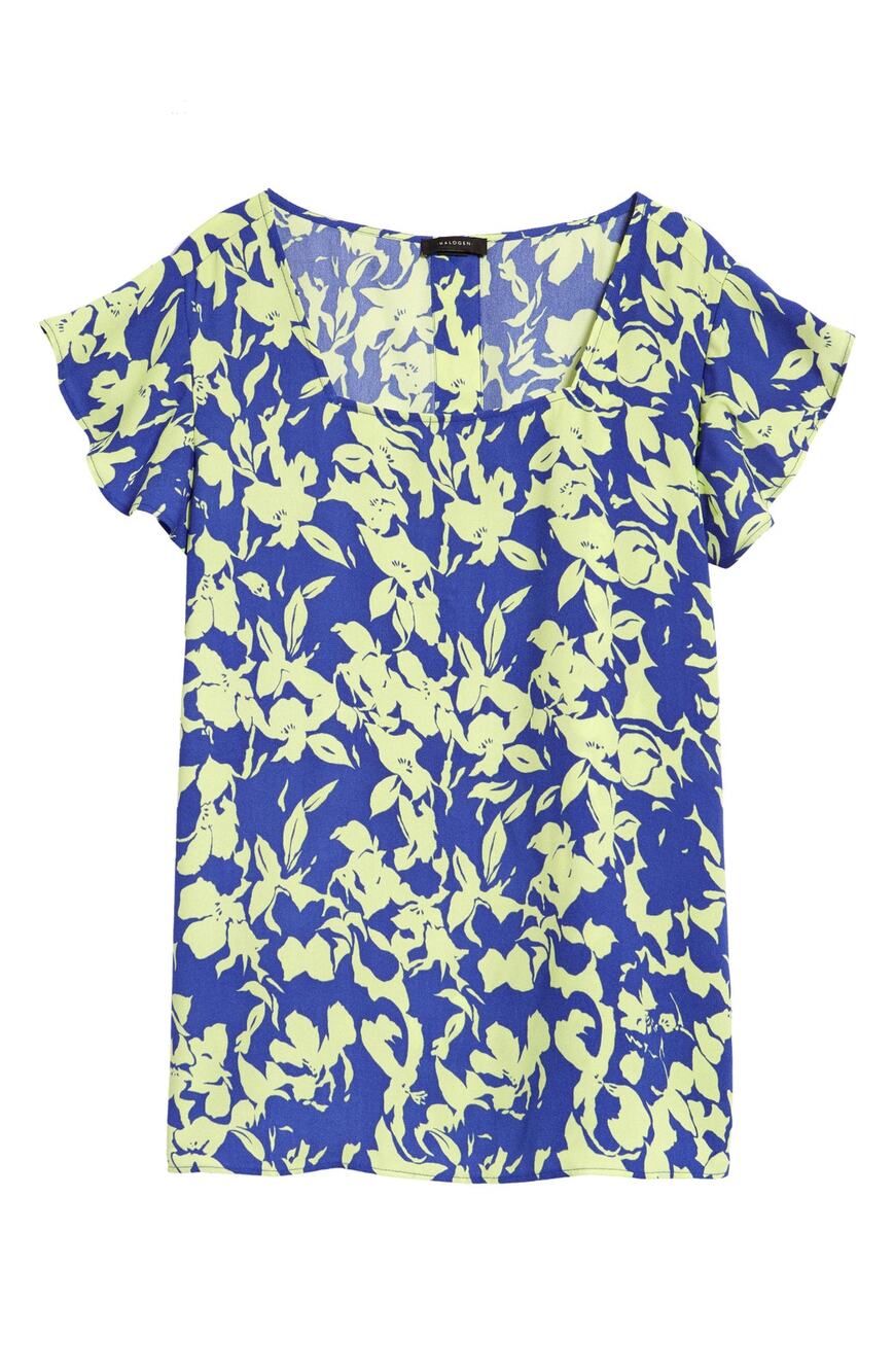 Halogen Square Neck Flutter Sleeve Top Blue Green Floral Small